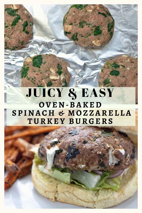 Juicy & flavorful, these Spinach & Mozzarella Turkey Burgers are baked in the oven for a healthy and easy dinner or lunch recipe, perfect over a salad or on a multigrain bun. #turkeyburgers #healthyrecipes #easyrecipe #burger Baked Turkey Burgers, Spinach Mozzarella, Turkey Ideas, Greek Turkey Burgers, Beef Meals, Turkey Burger Recipes, Baked Turkey, Lunch Recipe, Turkey Burger