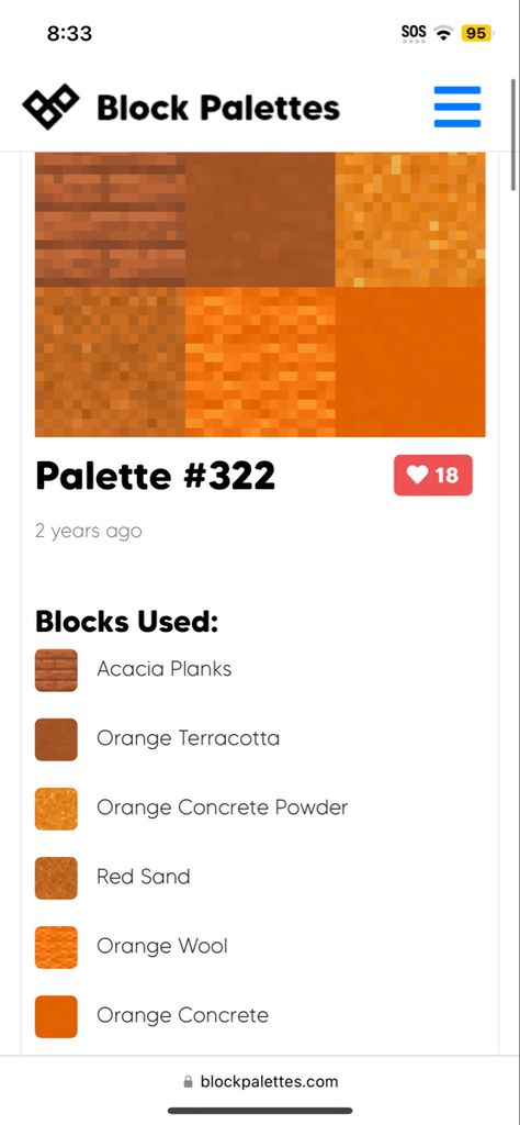 Minecraft Orange Gradient, Minecraft Terracotta, Block Pallets, Copper Colour Palette, Building Things, Orange Palette, Minecraft Blocks, Orange Color Palettes, Minecraft Inspo