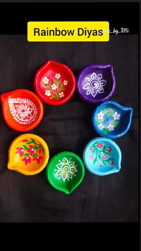 diwali decoration ideas | rainbow Diya &#x1fa94; Diwali Craft For Children, Diwali For Kids, Lamp Painting, Diwali Painting, Mirror Canvas Art, Hindu Festival Of Lights, Diwali Activities, Diya Designs, Diya Decoration Ideas