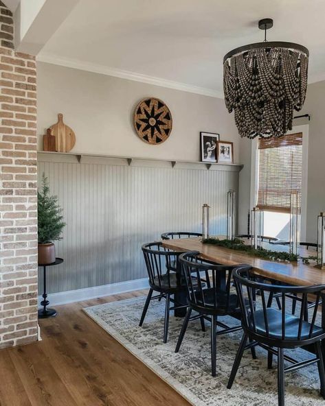 Painted Wanescoting Ideas, Wainscoting Farmhouse Style, Brick And Beadboard Kitchen, Beadboard Wainscoting Height, Beadboard Wall Shelf, Wainscoting Beadboard Ideas, Tall Beadboard Wainscoting, Wainscoting With Wood Trim, Bead Board Walls Dining Room