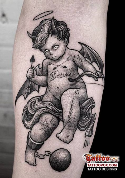 Evil Cherub Tattoo, Demon Tattoo For Men, Tattoo For Men On Arm, 666 Tattoo, Dark Angel Tattoo, Hell Tattoo, Cupid Tattoo, Cherub Tattoo, Gangsta Tattoos