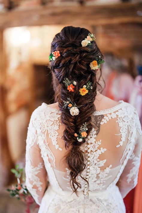 Bridal Hair Braid With Flowers, Fishtail Braid With Flowers, Wedding Hair Braid With Flowers, Wedding Braid With Flowers, French Braid With Flowers, Braid With Flowers Wedding, Braid Wedding Hair With Veil, Long Braid With Flowers, Flowers In Braid