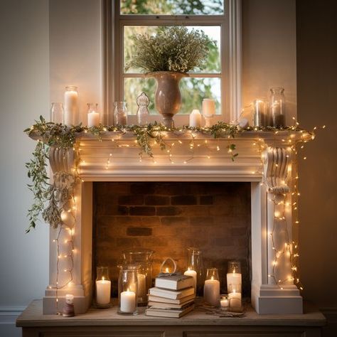 21 Christmas Mantel Decor Ideas That Are Absolutely Stunning Fireplace With Fairy Lights, Fireplace Twinkle Lights, Fairy Lights On Mantle, Fireplace With Candles Ideas, Indoor Twinkle Lights Living Room, Fireplace Mantle Lighting Ideas, Fake Fireplace With Candles, Fairy Light Fireplace, Fairy Lights Lounge