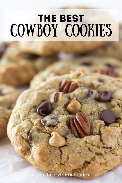 Learn how to make the BEST Cowboy Cookies with a simple recipe that uses cold butter and a no chill dough. With old fashioned oats, pecans, sweetened coconut, peanut butter and semi-sweet chips, these amazing cookies are sure to be a crowd pleasing dessert that everyone will love. Make a batch of these easy Cowboy Cookies today. Chewy Cowboy Cookies, Best Cowboy Cookies, Cowboy Cookies Recipe, Cowboy Cookie Recipe, Milk Chocolate Chip Cookies, Cookie Recipes Chewy, Old Fashioned Oats, Amazing Cookies, Cowboy Cookies