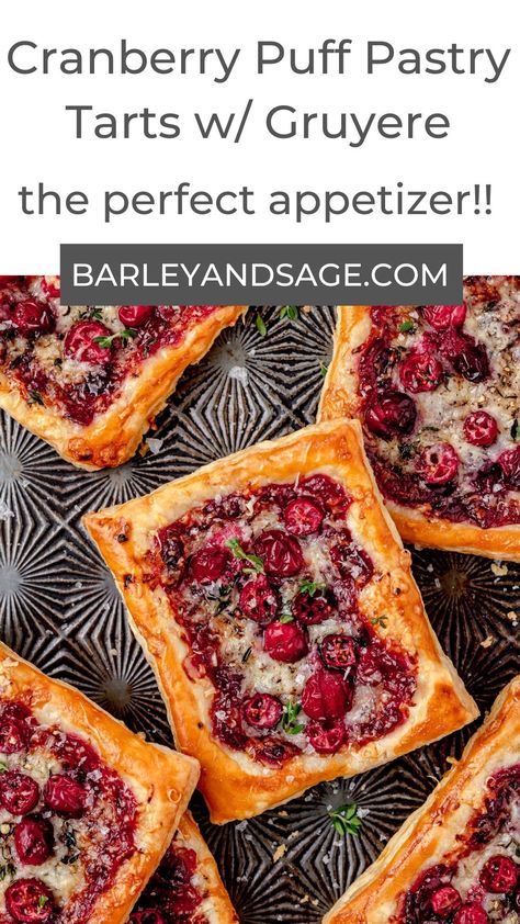 These cranberry puff pastry tarts are an easy, savory treat that come together in just 20 minutes! Layered with puff pastry, gruyere cheese, cranberries, and thyme, they're the perfect wintery appetizer! They're a great way to use up leftover cranberry sauce from Thanksgiving or Christmas! Puff Pastry Gruyere, Cranberry Puff Pastry, Cranberry Tart Recipe, Puff Pastry Tarts, Puff Pastry Recipes Dessert, Cranberry Tart, Cream Cheese Appetizer, Favorite Pie Recipes, Pastry Appetizer