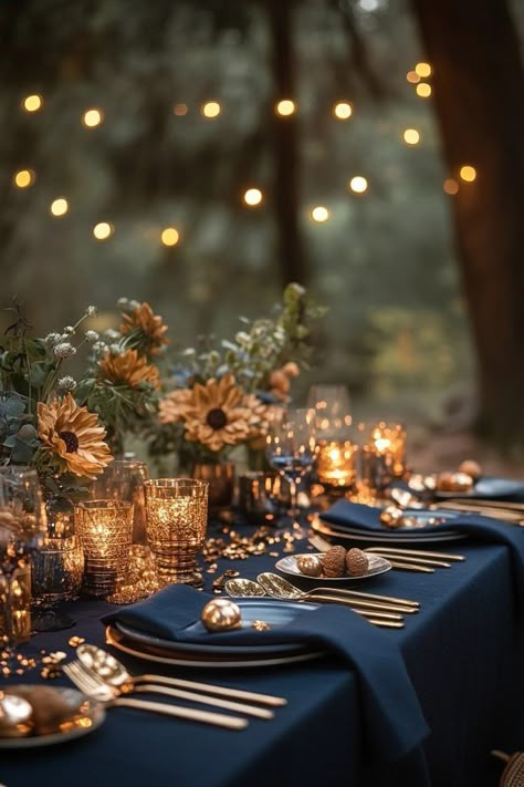 Harvest Moon Dinner Setting Gold Cutlery Table Setting Wedding Ideas, Navy And Orange Tablescape, Table Cutlery Setting, Navy And Gold Wedding Table Settings, Cutlery Set Up On Table, Navy Table Setting Wedding, Navy Thanksgiving Table, Navy Blue And Gold Table Setting, Elegant Birthday Dinner Party Decor