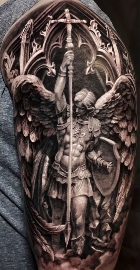 Jesus Tattoo Sleeve, Religious Tattoo Sleeves, Angel Warrior Tattoo, St Michael Tattoo, Sleeve Tattoos For Guys, Archangel Tattoo, Full Leg Tattoos, Half Sleeve Tattoos, Armor Tattoo