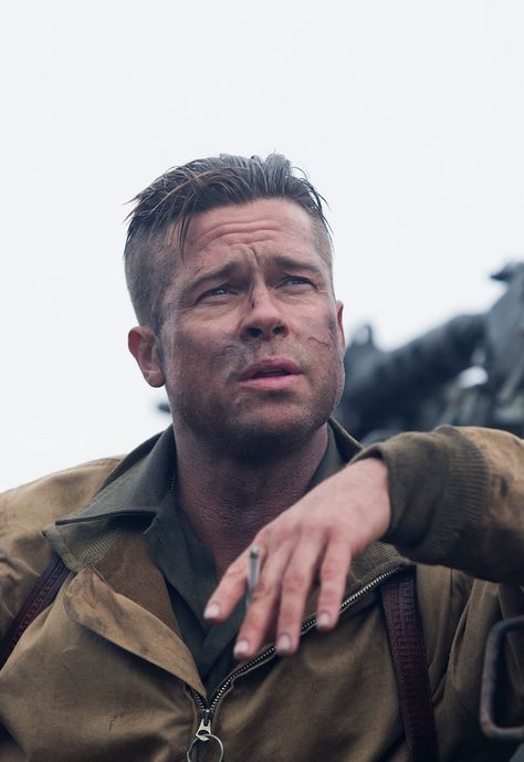 Brad Pitt in Fury (2014) Brad Pitt Fury Haircut, Fury Haircut, Brad Pitt Fury, Fury 2014, Fury Movie, Brad Pitt Movies, Military Haircut, Inglourious Basterds, Best Action Movies