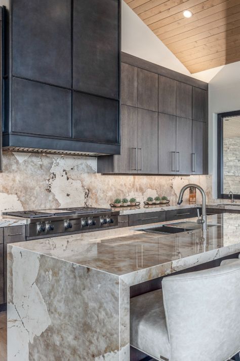 Waterfall island with stunning granite Waterfall Islands In Kitchen, Granite Waterfall Island, Waterfall Edge Island, Granite Waterfall, Exterior Bathroom, Waterfall Island Kitchen, Waterfall Island, Custom Kitchens Design, Grey Granite