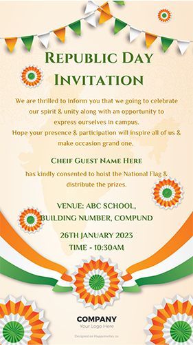 Indian Republic Day Invitation Card Design Republic Day Invitation Card, School Invitation Card, Independence Day India Images, Indian Republic Day, Employee Id Card, Abc School, 26th January, Marriage Invitation Card, Cute Easy Paintings