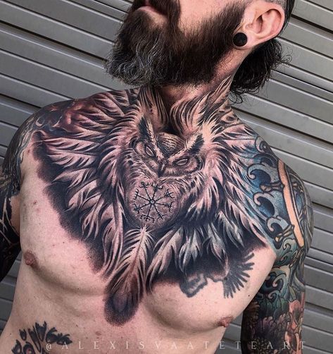 Owl King & Vegvísir by Alexis Vaatete, an artist at Vatican Studios in Lake Forest, California. Owl Neck Tattoo, Hand Boy, Owl Tattoo Chest, Realistic Owl Tattoo, Filler Tattoos, Hals Tattoo Mann, Hyper Realistic Tattoo, Throat Tattoo, Man Hand