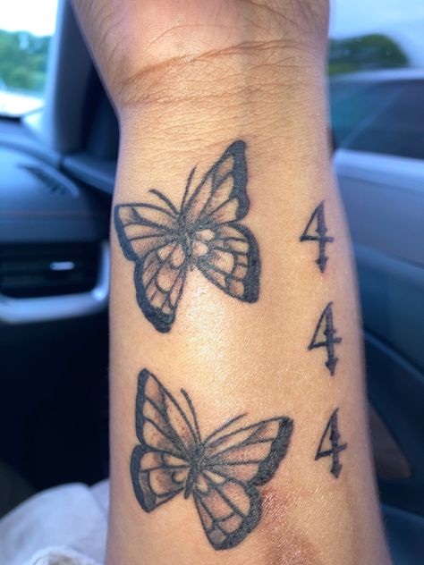 Butterfly Chest Tattoo Female, 444 Butterfly Tattoo, 444 Tattoo Meaning, Angel Number Tattoo Ideas, Number Tattoo Ideas, Tattoo Ideas Butterfly, Baddie Tattoo Ideas, Small Dope Tattoos, Baddie Tattoos