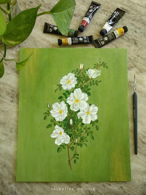 Green Background Flower Painting, Green Background Canvas Painting, Painting Flower Acrylic, Green Themed Painting Ideas, Cute Paintings Green, Canvas Green Painting, Flowers Canvas Painting Easy, Green Nature Paintings Acrylic, Painting Ideas Green Background