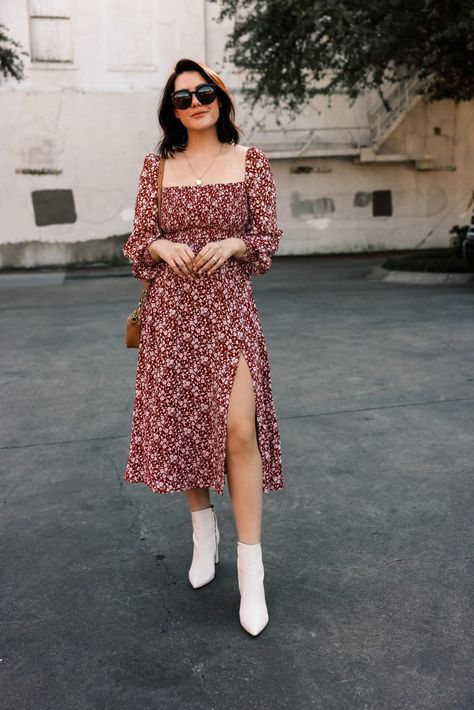 Reformation Red Floral Dress, Long Sleeved Midi Dress, Midi Dress Casual Fall, Fall Dress Midi, Long Sleeve Floral Dress Outfit, Reformation Dress Outfit, Long Causal Dresses Outfit, Long Sleeve Midi Dress Outfit, Fall Midi Dress With Boots