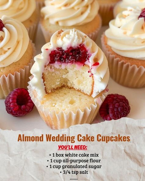 Easy recipes for everyone | Almond Wedding Cake Cupcakes with Raspberry Filling 🍓🧁😋 | Facebook Raspberry Almond Cupcakes, Almond Wedding Cake Cupcakes, Raspberry Filled Cupcakes Easy, Raspberry Filled Cupcakes With Cream Cheese Frosting, Almond Wedding Cake Cupcakes Raspberry Filling, Heavenly Raspberry Cheesecake Cupcakes, Cupcakes With Raspberry Filling, Almond Wedding Cake, Almond Wedding Cakes