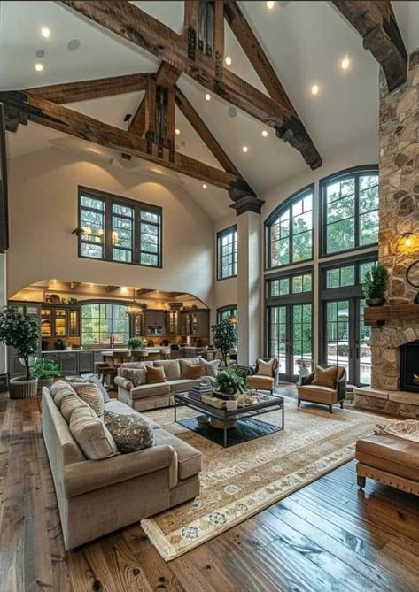 Big Rustic Living Room, Huge Farmhouse Living Room, Upstairs Looking Down Into Living Room, Living Room Designs Open Concept, Aesthetic Houses Interiors, Large House Interior, Ranch Style Home Interior, Buy A House Vision Board, Living Room With Tall Ceilings