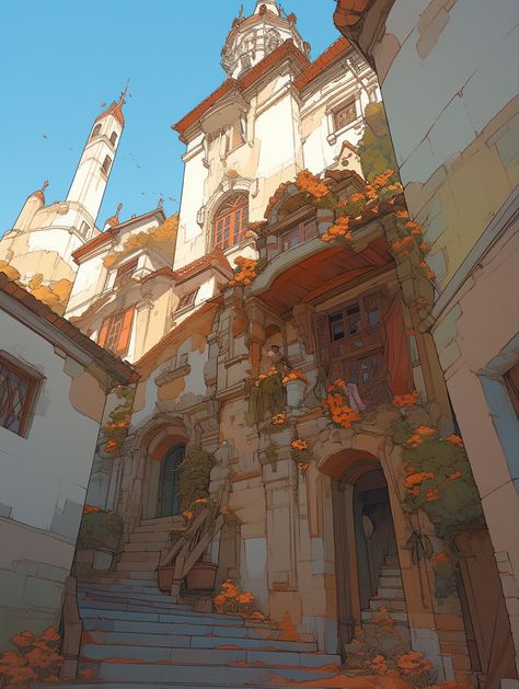 City Walls Fantasy Art, University Illustration Building, City Environment Concept Art, Courtyard Concept Art, Inn Concept Art, Stylized Environment Concept Art, Street Concept Art, Goblin Illustration, Town Concept Art