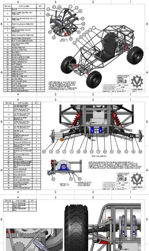 "Build your own extreme off-road long-travel buggy. Plans are based on Polaris donor parts. The plans are complete and include a BOM (bill of materials) with sourcing recommendations. These plans include 2 design variations, the Mark I and the Mark II. The Mark I plans utilize Polaris Sportsman rear axles with 8\" of travel while the Mark II plans utilize Polaris Razor rear axles with 16\" of travel. Plans are designed around the Polaris Predator 500cc engine. If you wish to use a different donor motor some customization of the plans will be needed." Diy Off Road Go Kart, Off Road Buggy Plans, Buggy Design, Go Kart Off Road, Kite Buggy, Go Kart Frame Plans, Mini Trucks 4x4, Go Kart Frame, Go Kart Plans