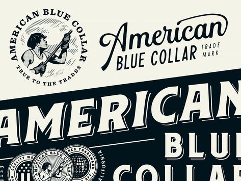 American Blue Collar - Brand Assets 3/3 by Emir Ayouni for Forefathers on Dribbble Blue Collar Graphic Design, Blue Collar Aesthetic, Hauling Logo, 50s Font, Texas Branding, Cap America, Bbq Festival, Window Washing, American Logo