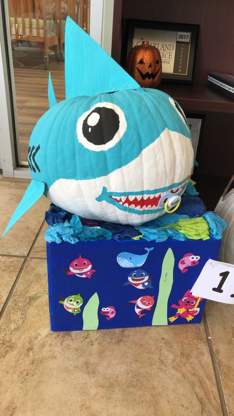 Baby Shark Pumpkin Painted, Baby Shark Pumpkin, Shark Pumpkin, School Auction Projects, Sea Animal Crafts, Painting Pumpkins, Pumpkin Contest, School Auction, Auction Projects