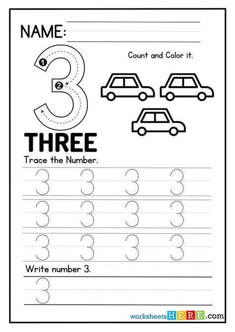 Tracing Numbers Activity, Number 3 Trace, Count and Color PDF Worksheet For Kindergarten - WorksheetsHere.com Number 3 Worksheet Preschool, Number 3 Worksheet, Number Writing Worksheets, Numbers Activity, Kindergarten Coloring, Pre K Curriculum, Worksheet For Kindergarten, Tracing Numbers, Teaching Life Skills