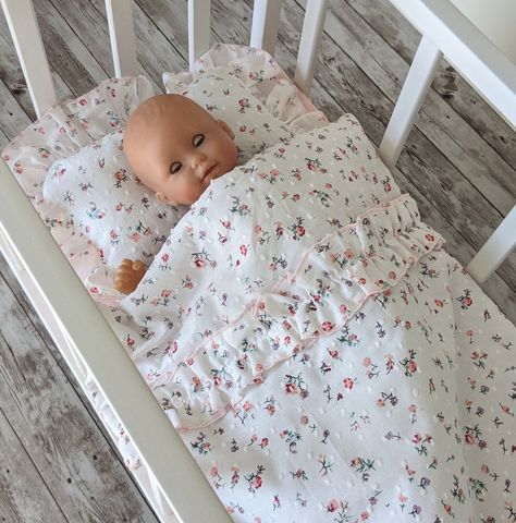 Doll Crib Bedding, Baby Doll Crib, Floral Bedding Set, Crib Comforter, Doll Bedding, Blanket And Pillow, Swiss Dot Fabric, Doll Crib, Floral Bedding Sets