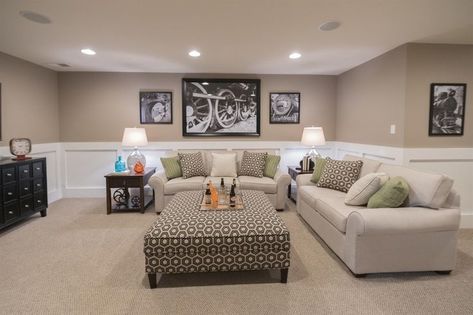 #livingroomhacks #livingroomfurniture Basement With Wainscotting, Cream Basement Walls, Basement Wainscoting Ideas, Basement Guest Suite Ideas, Basement Colors Ideas, Finished Basement Ideas Families, Wainscoting Basement, Basement Wainscoting, Basement Color Schemes