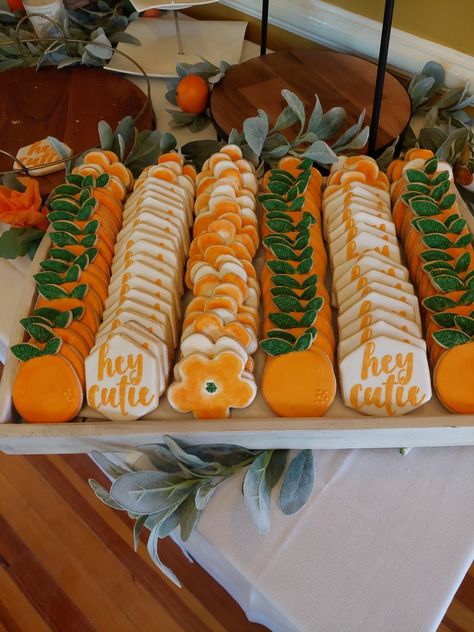 Little cutie themed baby shower royal icing decorated cookies Cutie Orange 1st Birthday, Clementine Themed Party, Cutie Baby Shower Theme Decor, Cutie Patootie Birthday, Cutie Gender Reveal Cake, What Will The Cutie Be, Orange Theme Dessert, Cutie Cookies Ideas, Cutie Themed Desserts