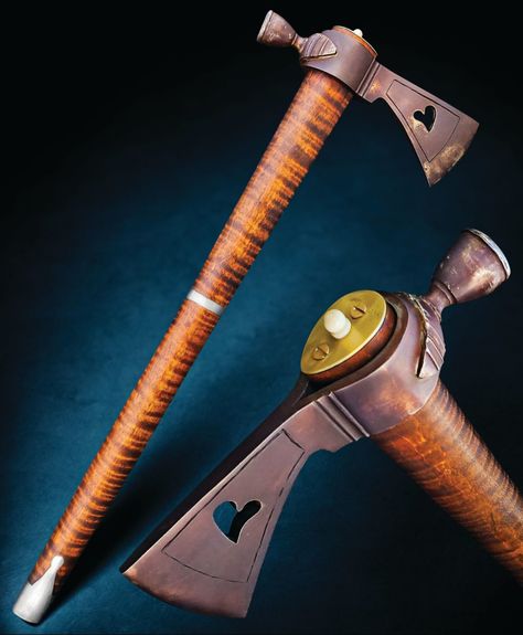 For a rustic look, Jarrod Fiscus “forced brown” the head of his pipe tomahawk the same as is done with a traditional muzzle-loading rifle. (Caleb Royer tomahawk image) Jarrod handforged the head of 1080 carbon steel and the body of mild steel. He then forge-welded the pipe to the body. He said the “weeping heart” cutout is a design used frequently in Colonial days, from the Eastern woodlands to the Great Plains. Tomahawk Design, Rpg Items, Mountain Man Rendezvous, Forged In Fire, Forging Knives, Woodland Indians, Eastern Woodlands, Bushcraft Gear, Knife Art