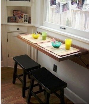 Fold down tables and collapsible counters are great options for temporary counterspace. #KitchenHack Cheap House, Small Space Kitchen, Tiny Spaces, Natural Home Decor, Tiny Kitchen, Trendy Kitchen, Counter Space, Kitchen Window, Tiny Living