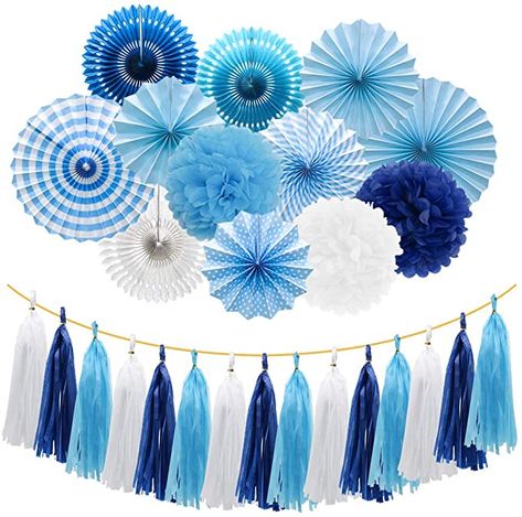 Meiduo Blue Party Decorations Hanging Paper Fans Pom Poms Flowers Tissue Tassel Garland for Elephant Shark Theme Kids Birthday Baby Shower Graduation : Home & Kitchen 17th Birthday Party Ideas, White Party Theme, Tissue Tassel Garland, Wonderland Party Decorations, White Party Decorations, Blue Party Decorations, Rose Gold Party Decor, Rose Gold Party, Tassel Garland