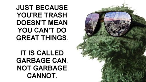 Just because you're trash doesn't mean you can't do great things. It is called garbage CAN not garbage cannot. Sesame Street Memes, Oscar The Grouch, Fresh Memes, Garbage Can, A Sign, Images Gif, Just Because, Sesame Street, Funny Images