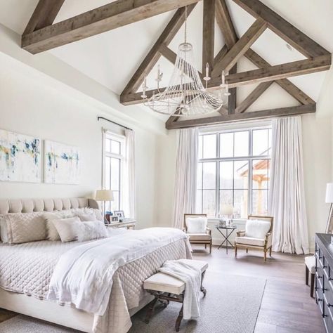 Gray Farmhouse Bedroom, Vaulted Ceiling Bedroom, Extra Space Storage, Farmhouse Bedroom Ideas, Farmhouse Bedroom Decor Ideas, Modern Farmhouse Bedroom, Space Storage, Bedroom Ceiling, Ornate Furniture