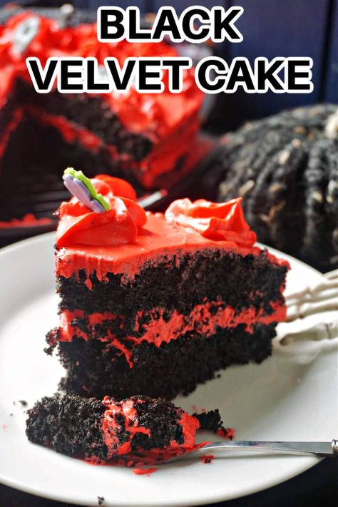 Red Buttercream Frosting, Black Velvet Cake Recipe, Black Velvet Cake, Classic Christmas Dessert, Red Buttercream, Black Velvet Cakes, Black Cocoa Powder, Delicious Halloween Treats, Mini Christmas Cakes