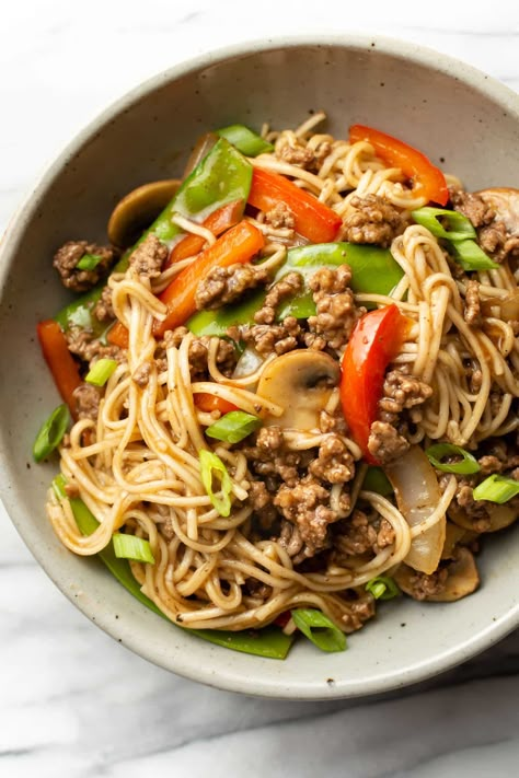 a bowl of ground beef lo mein Ground Beef Lo Mein, Low Mein Recipe, Beef Lo Mein Recipe, Salt And Lavender, Beef Lo Mein, Lo Mein Recipe, Salt Lavender, Easy Teriyaki Chicken, Lo Mein Recipes