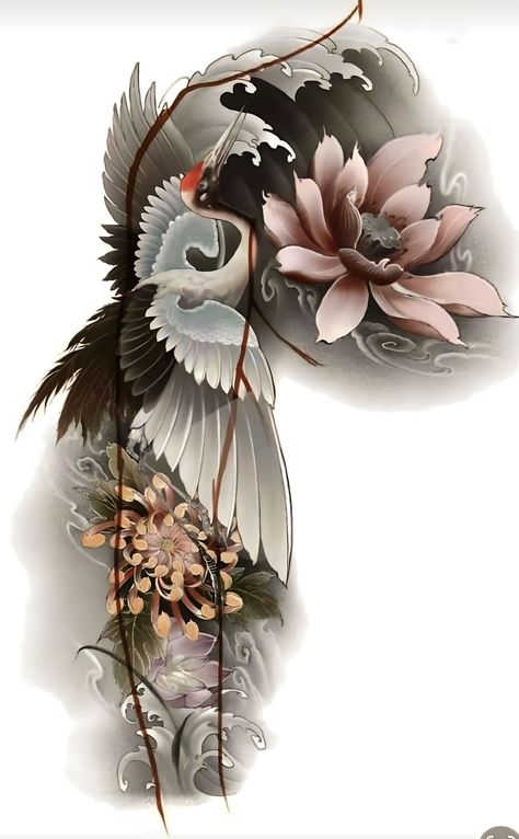 Dragon Koi Tattoo Design, Bird Tattoo Sleeves, Heron Tattoo, Koi Tattoo Sleeve, Colored Tattoo Design, Koi Tattoo Design, Crane Tattoo, Japanese Flower Tattoo, Lotus Tattoo Design