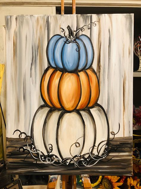 Stacked Pumpkin Signs Wooden Painted, Simple Fall Canvas Paintings, Fall Easy Canvas Painting Ideas, Autum Paintings On Canvas, Fall Themed Canvas Painting, Fall Paint And Sip Ideas Easy, Thanksgiving Acrylic Paintings, Fall Diy Painting Canvas, Fall Sip And Paint Ideas