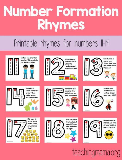 Number Formation Rhymes for 11-19 - this free printable is great for teaching kids how to write 2-digit numbers!  #preschool #kindergarten #mathforearlychildhood Number Formation Rhymes, Number Formation, Teen Numbers, Prek Math, Numbers Kindergarten, Teaching Numbers, Numbers Preschool, E Mc2, Learning Numbers