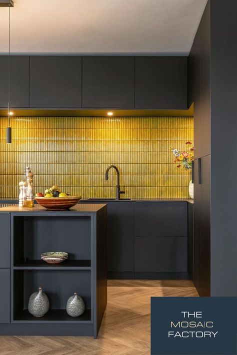 These yellow kitkat mosaics are perfect to add a pop of colour to a modern kitchen design! Want to see more of these striking kitkat mosaics? Discover the extended Sevilla range! Yellow Tile Kitchen, Yellow Kitchen Tiles, Yellow Tile, Kitchen Wall Tiles, Yellow Kitchen, Luxury Homes Interior, Kitchen Tiles Backsplash, Porcelain Mosaic, Black Kitchens