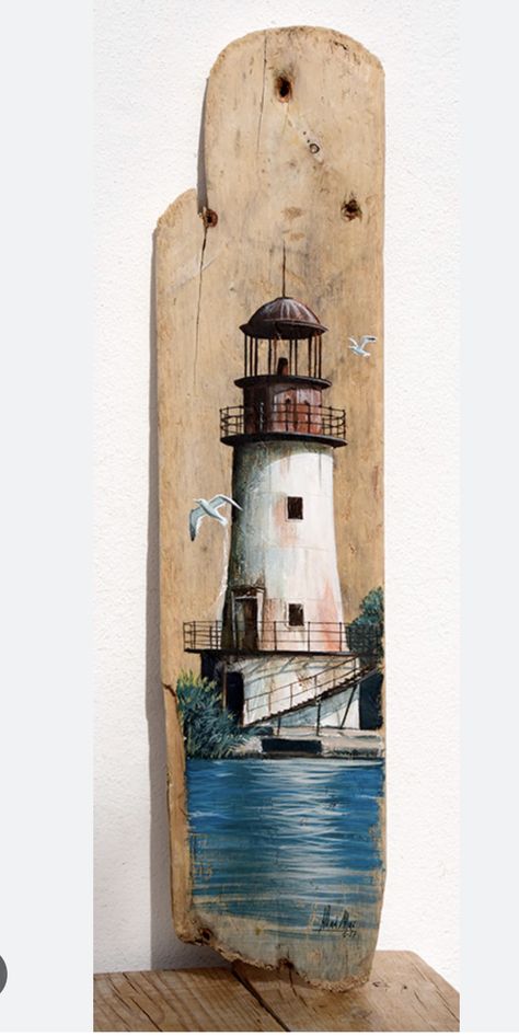 Light House Diy Projects, Lighthouse Decor Ideas, Driftwood Tattoo, Painting On Driftwood, Driftwood Painting, Painting Lighthouse, Wood Plank Art, Lighthouse Crafts, Crazy Tattoos