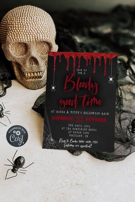 Bloody Good Time Halloween Invitation Template, Printable Vampire Glitter Blood Drip Invite, Editable Spooky Invite, Instant Download, #VP Halloween fonts #halloweenfonts fonts #fonts font #font 6.342 Vampire Party Invitations, Halloween Party Invitation Ideas, Halloween Engagement Party, Halloween Invitation Template, Vampire Party, Blood Drip, Halloween Party Printables, Halloween Fest, Moms Birthday