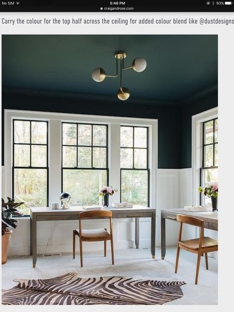 Two Tone Walls, Dark Dining Room, Dark Ceiling, White Wainscoting, Colored Ceiling, Up House, Dining Room Inspiration, Chic Home, Home Office Design