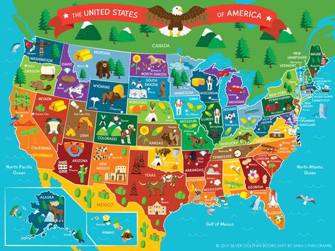 Illustrated map of the US by Sara Lynn Cramb, appeared on the cover of Smithsonian Young Explorers: 50 States. Sara Lynn, Interesting Maps, Usa Travel Map, Infographic Map, Tourist Map, United States Map, The United States Of America, Usa Map, Illustrated Map