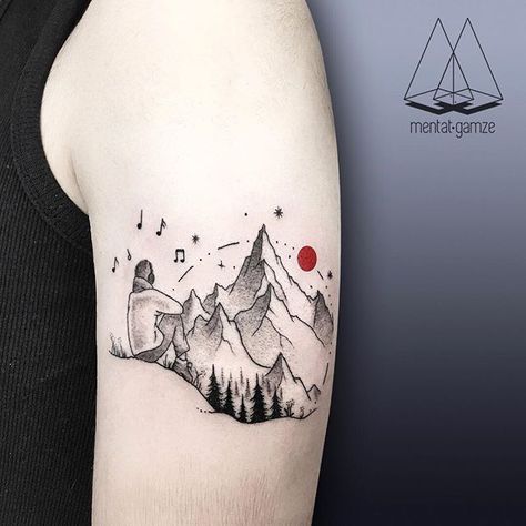 🎶🎵🎶#music #mountains #hiking #view Moutain Tattoos, Small Music Tattoos, Camping Tattoo, Sunflower Tattoo Sleeve, Buddhist Tattoo, Hiking Tattoo, Dot Tattoos, Tattoo Inspiration Men, Mountains Hiking