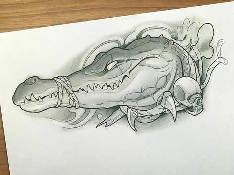 Alligator Tattoo Stencil, Neotraditional Centipede, Alligator Head Tattoo, Alligator Skull Drawing, Neotraditional Alligator Tattoo, Graffiti Drawing, Tattoo Art Drawings, Desenho Tattoo, Animal Sketches