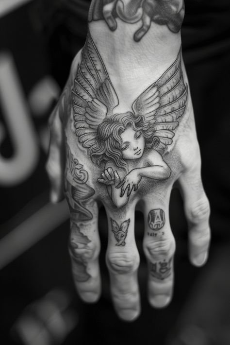 Beautiful Angel Tattoo Ideas for Inspiration Angel Halo Tattoo, Guardian Angel Tattoo For Women, Weeping Angel Tattoo, Angel Wing Arm Tattoo, Angelic Tattoos, Angel Wing Wrist Tattoo, Angel Hand Tattoo, Angel Tattoo Ideas, Angel Back Tattoo