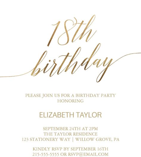 Elegant Gold Calligraphy 18th Birthday Invitation Birthday Calligraphy, Teen Birthday Invitations, Typography Elegant, Romantic Minimalist, Elegant Birthday Invitations, 90th Birthday Invitations, Whimsical Typography, 70th Birthday Invitations, 80th Birthday Invitations