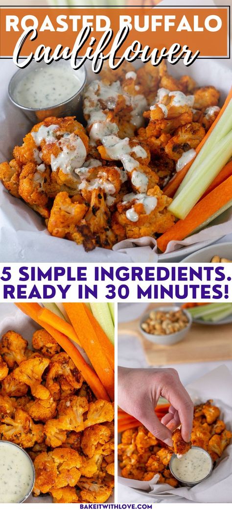 Oven Roasted Buffalo Cauliflower, Roasted Cauliflower Bites, Buffalo Cauliflower Baked, Roasted Buffalo Cauliflower, Cauliflower Buffalo Bites, Cauliflower Baked, Baked Cauliflower Recipe, Baked Cauliflower Bites, Easy Cauliflower Recipes