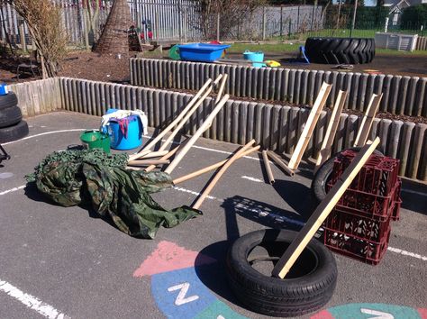 Loose parts for den building @mac_phillips Construction Play Ideas, Outdoor Construction Area, Construction Area Ideas, Early Years Outdoor Area, School Outdoor Area, Kids Outdoor Spaces, Eyfs Outdoor, Den Building, Eyfs Outdoor Area