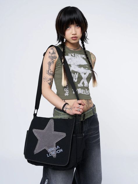 Black Canvas Messenger Bag with Grey Star Front Print | Minga London – Minga London US Sewing A Messenger Bag, 2000s Messenger Bag, Sew Messenger Bag, Messenger Bag Outfit, Mochila Grunge, Messenger Bags For School, Star Bag, Minga London, Diy Messenger Bag